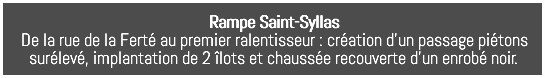 Rampe Saint-Syllas De la rue de la Ferté au premier ralentisseur : création d’un passage piétons surélevé, implantation de 2 îlots et chaussée recouverte d’un enrobé noir.